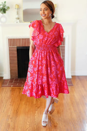 Remember Me Red & Pink Floral Print Smocked Waist Midi Dress | Daverri Fashions