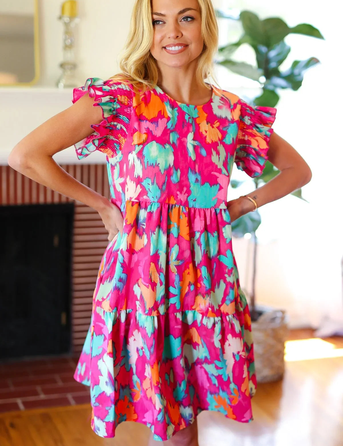 Look of Love Fuchsia Abstract Floral Print Smocked Ruffle Sleeve Dress | Daverri Fashions
