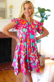 Look of Love Fuchsia Abstract Floral Print Smocked Ruffle Sleeve Dress | Daverri Fashions