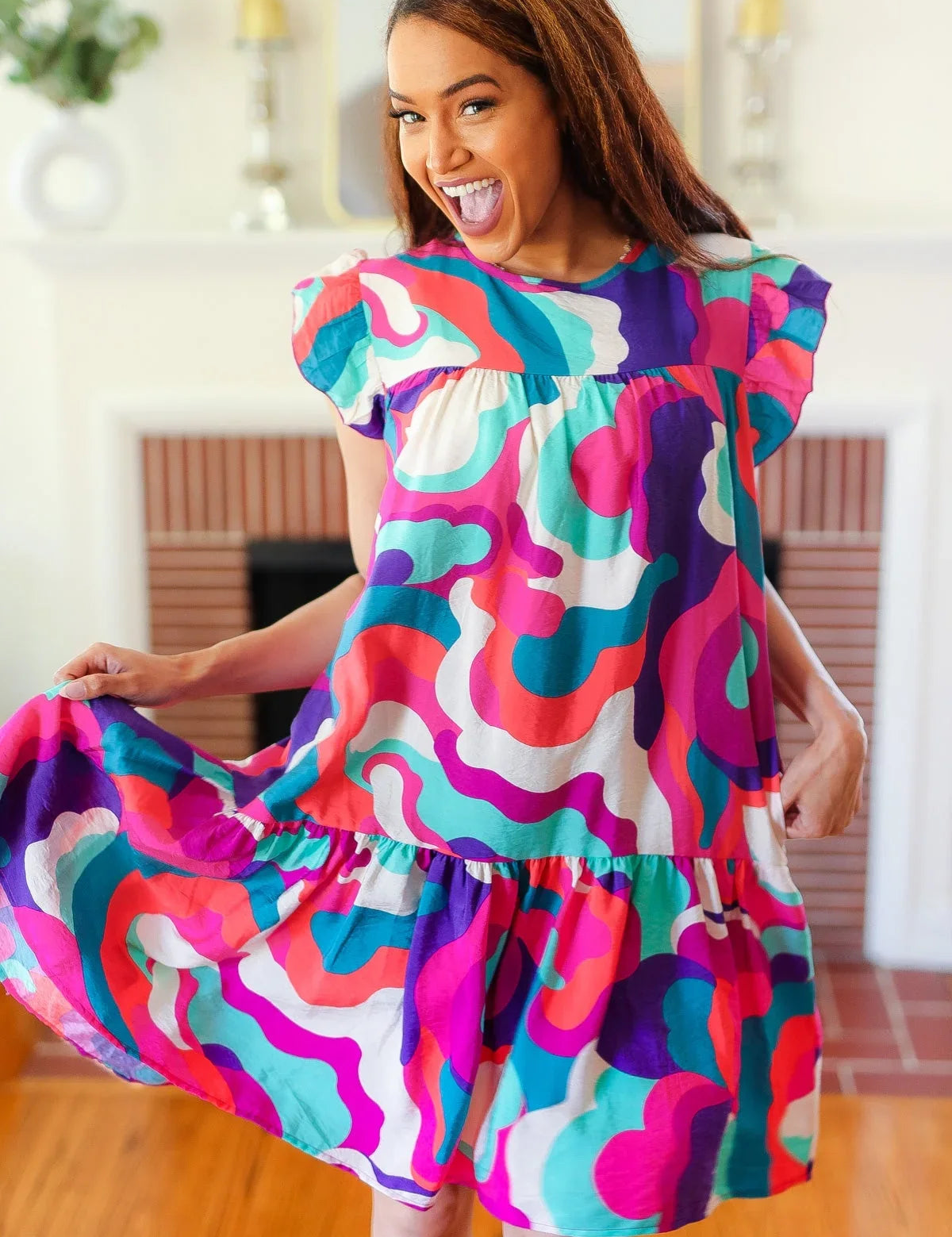 Go For Fun Fuchsia Geo Print Tiered Ruffle Sleeve Woven Dress | Daverri Fashions