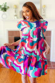 Go For Fun Fuchsia Geo Print Tiered Ruffle Sleeve Woven Dress | Daverri Fashions