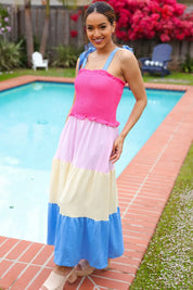 Vacay Vibes Hot Pink & Blue Smocked Color Block Maxi Dress | 2024 Blow-Out Sale Daverri Fashions