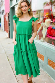Lots To Love Kelly Green Smocked Flutter Sleeve Tiered Midi Dress | 2024 Summer Blow Out Sale Daverri Fashions