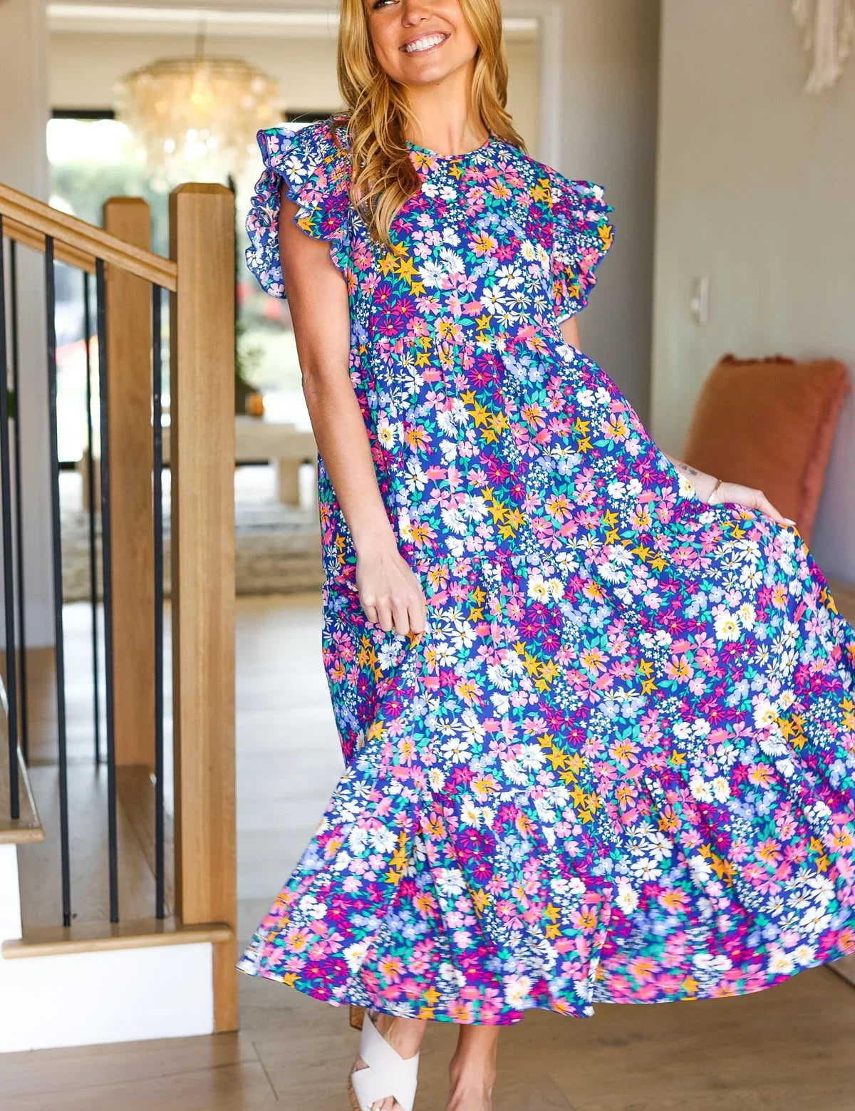 Just A Dream Navy Floral Smocked Ruffle Sleeve Maxi Dress | Daverri Fashions