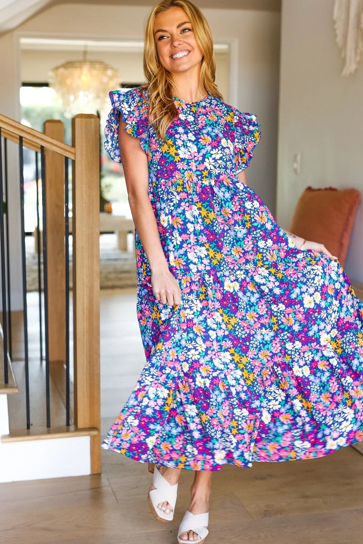 Just A Dream Navy Floral Smocked Ruffle Sleeve Maxi Dress | Daverri Fashions