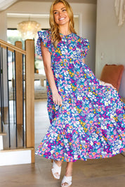 Just A Dream Navy Floral Smocked Ruffle Sleeve Maxi Dress | Daverri Fashions