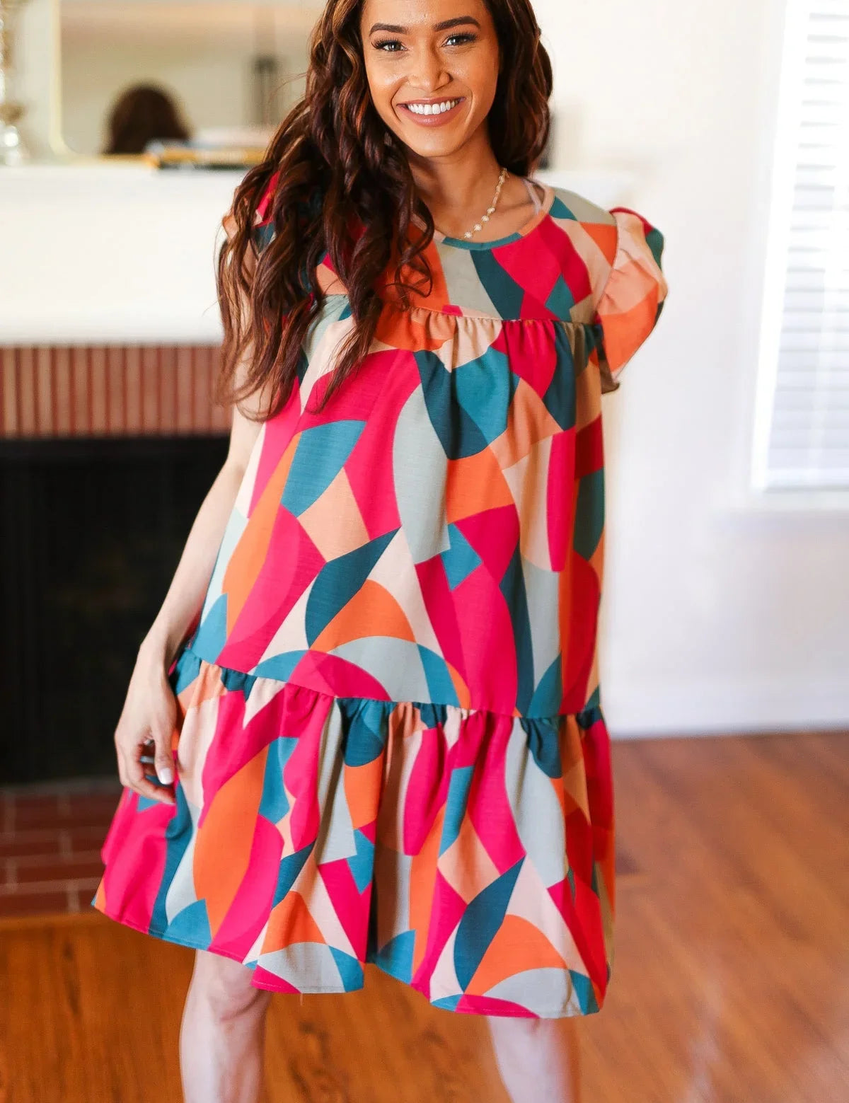 Stand Out Magenta & Teal Geometric Yoke Woven Dress | Daverri Fashions