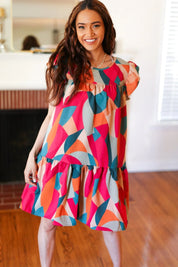 Stand Out Magenta & Teal Geometric Yoke Woven Dress | Daverri Fashions