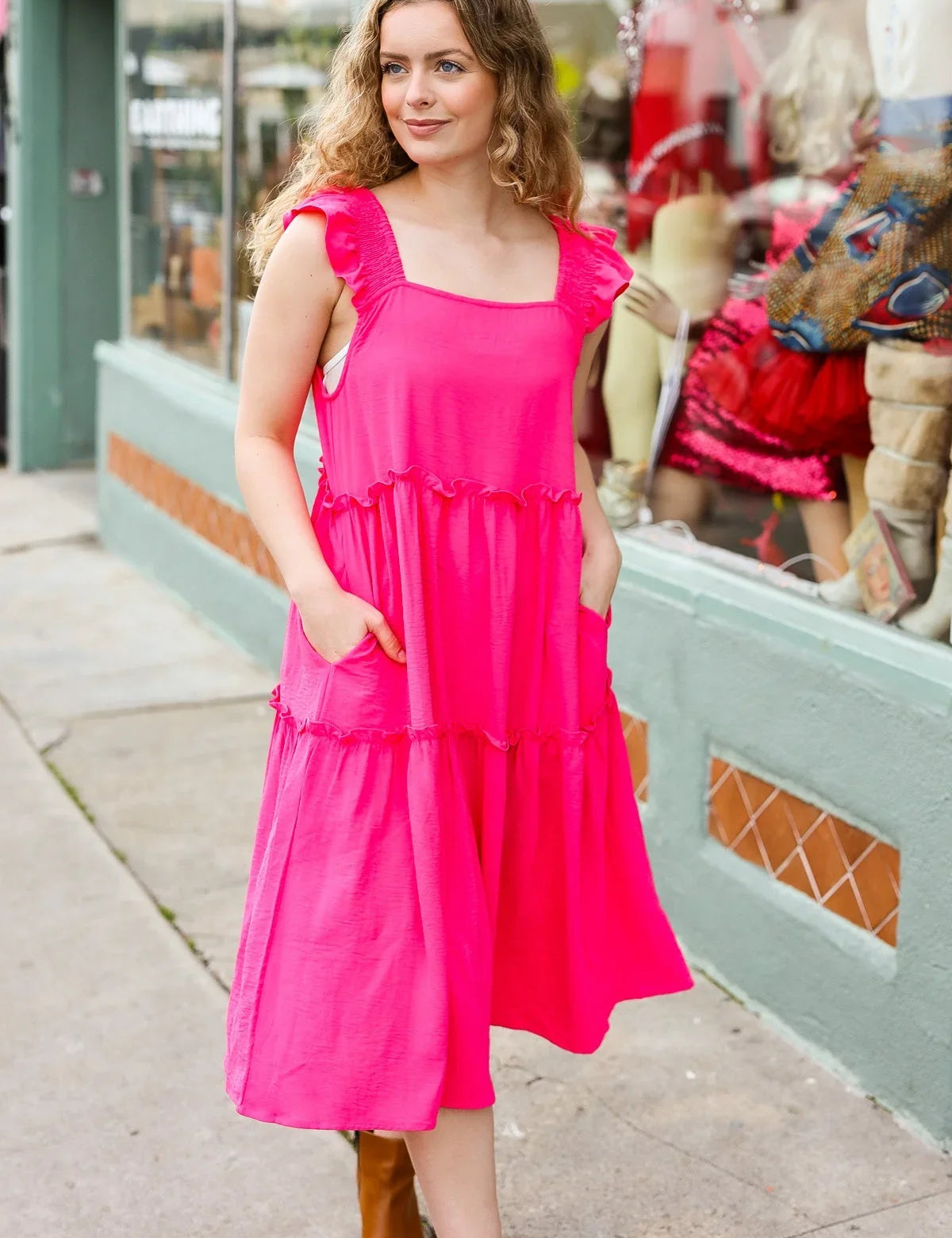 Lots To Love Fuchsia Smocked Flutter Sleeve Tiered Midi Dress | Daverri Fashions