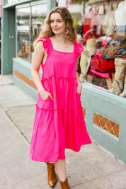 Lots To Love Fuchsia Smocked Flutter Sleeve Tiered Midi Dress | Daverri Fashions