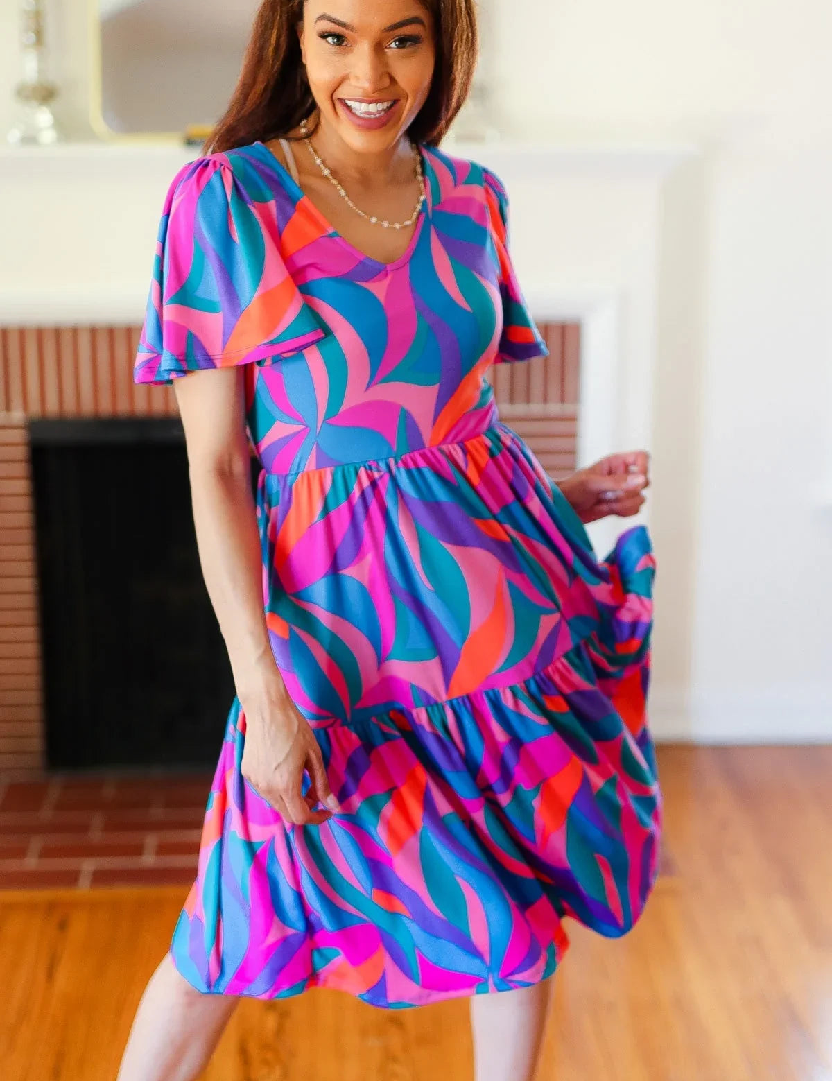 Remember Me Blue & Fuchsia Geo Print V Neck Dress | Daverri Fashions