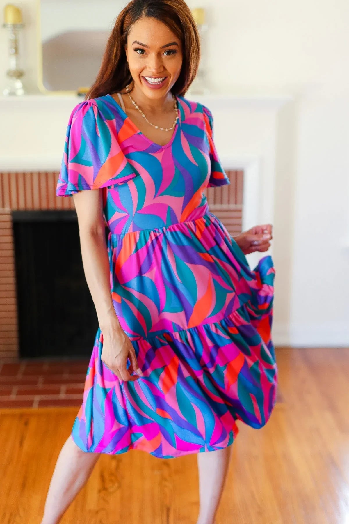 Remember Me Blue & Fuchsia Geo Print V Neck Dress | Daverri Fashions