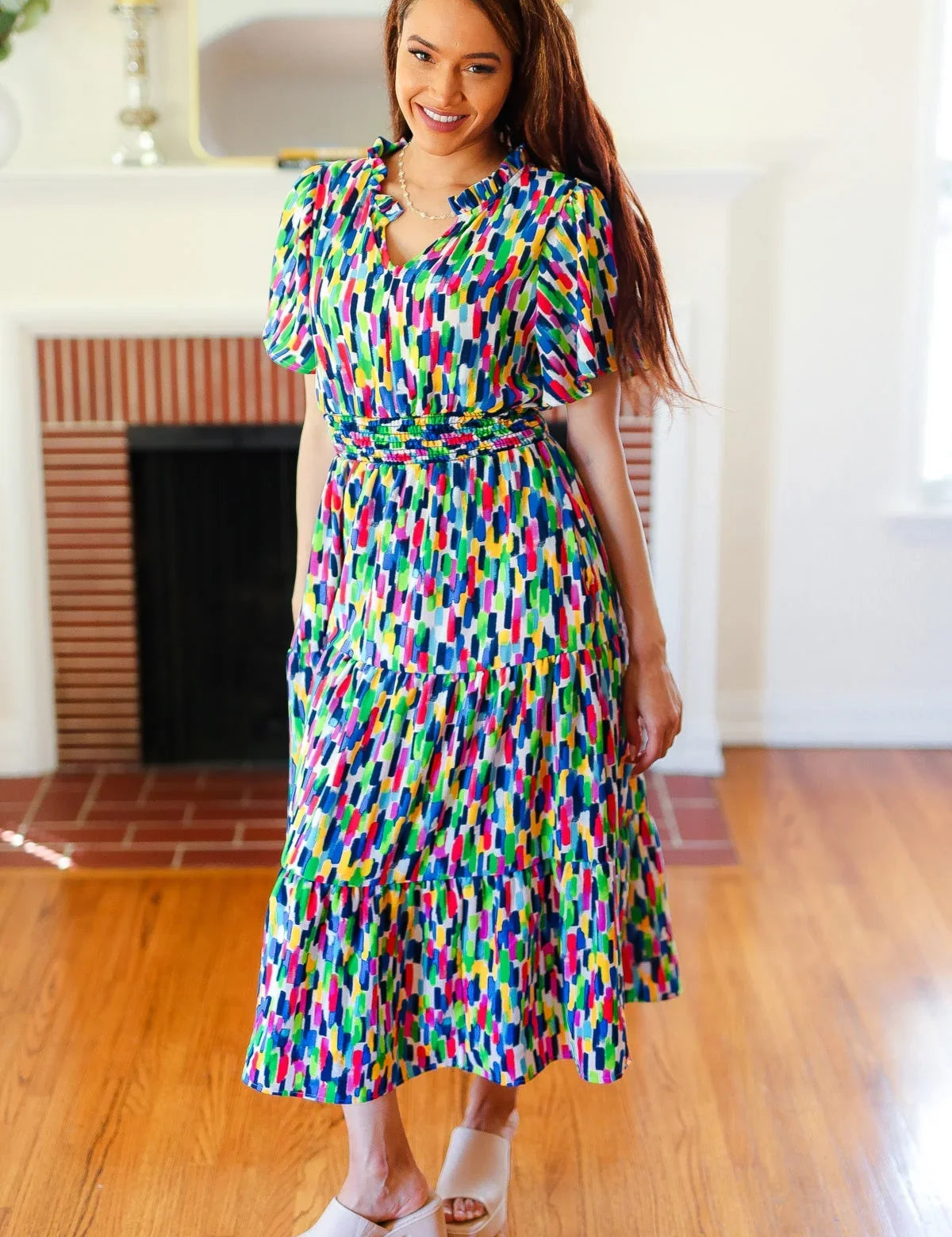All For You Navy Multicolor Abstract Print Smocked Waist Maxi Dress | Daverri Fashions