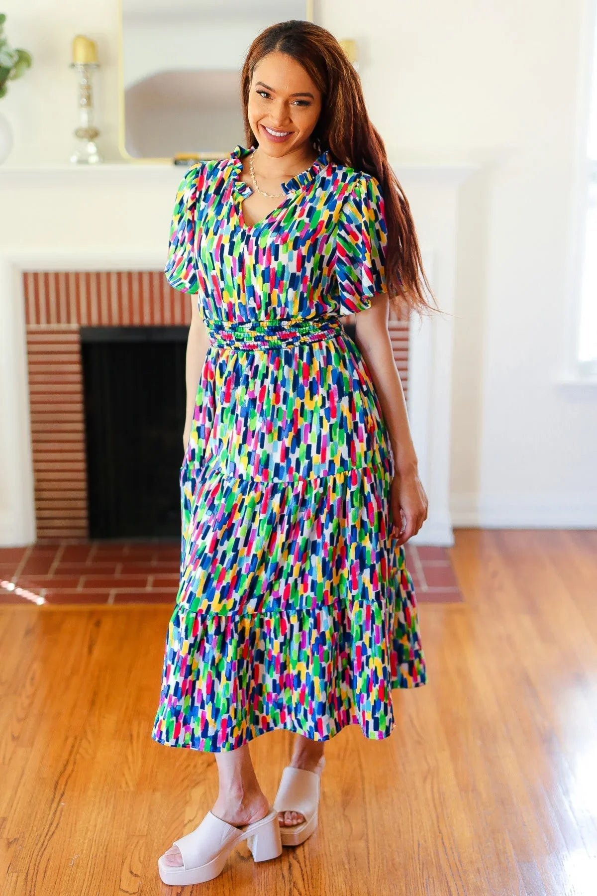 All For You Navy Multicolor Abstract Print Smocked Waist Maxi Dress | Daverri Fashions