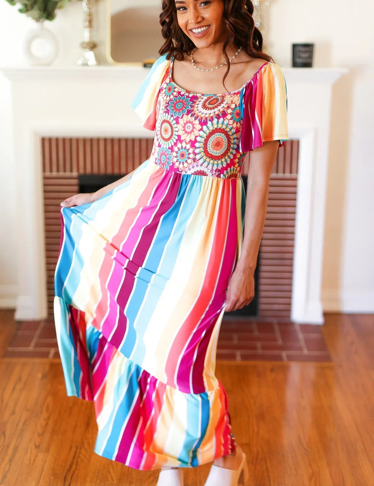 Feeling Bold Fuchsia & Teal Striped Medallion Crochet Print Dress | 07-01-25 Summer Sale Daverri Fashions