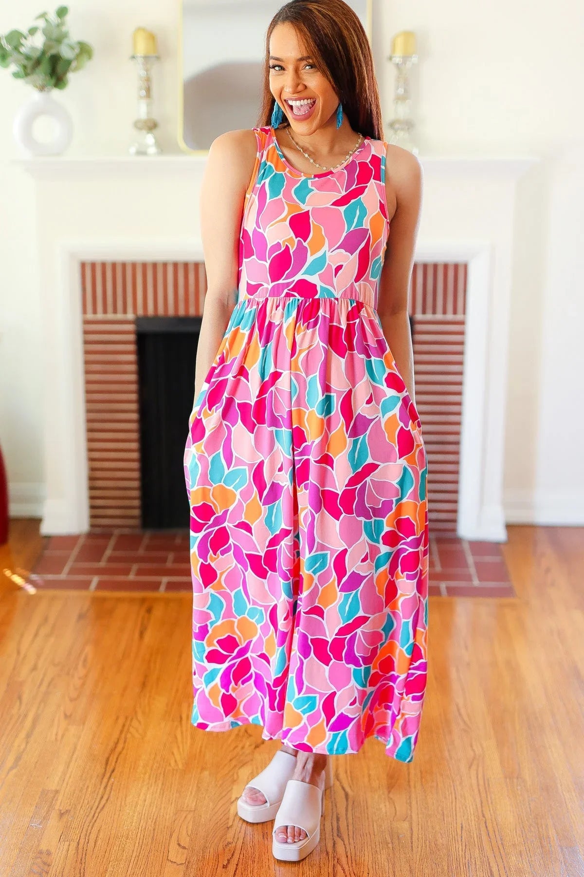 Hello Beautiful Fuchsia Abstract Floral Fit & Flare Maxi Dress | Daverri Fashions