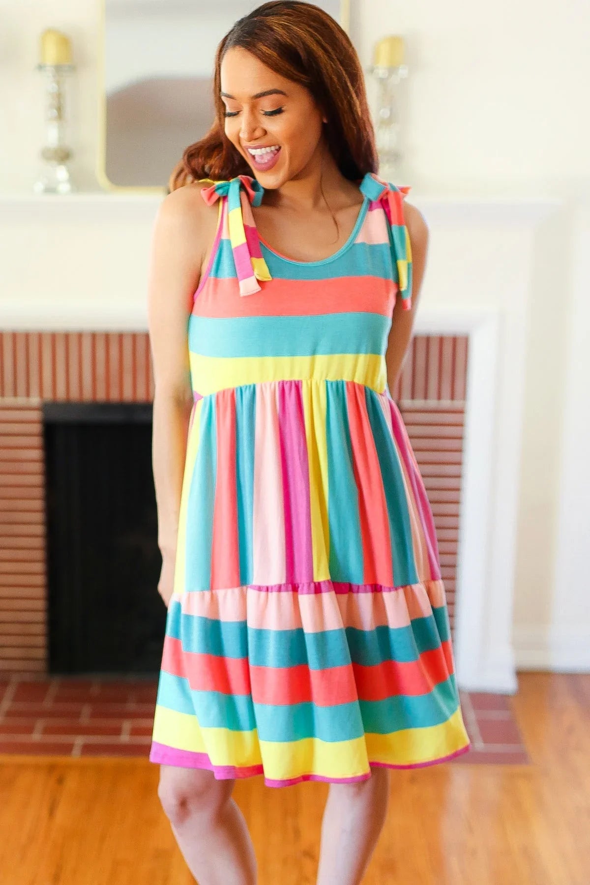 Start The Day Rainbow Stripe Shoulder Tie Tiered Dress | Daverri Fashions