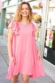 Out For The Day Peach Crinkle Woven Ruffle Sleeve Dress | Daverri Fashions