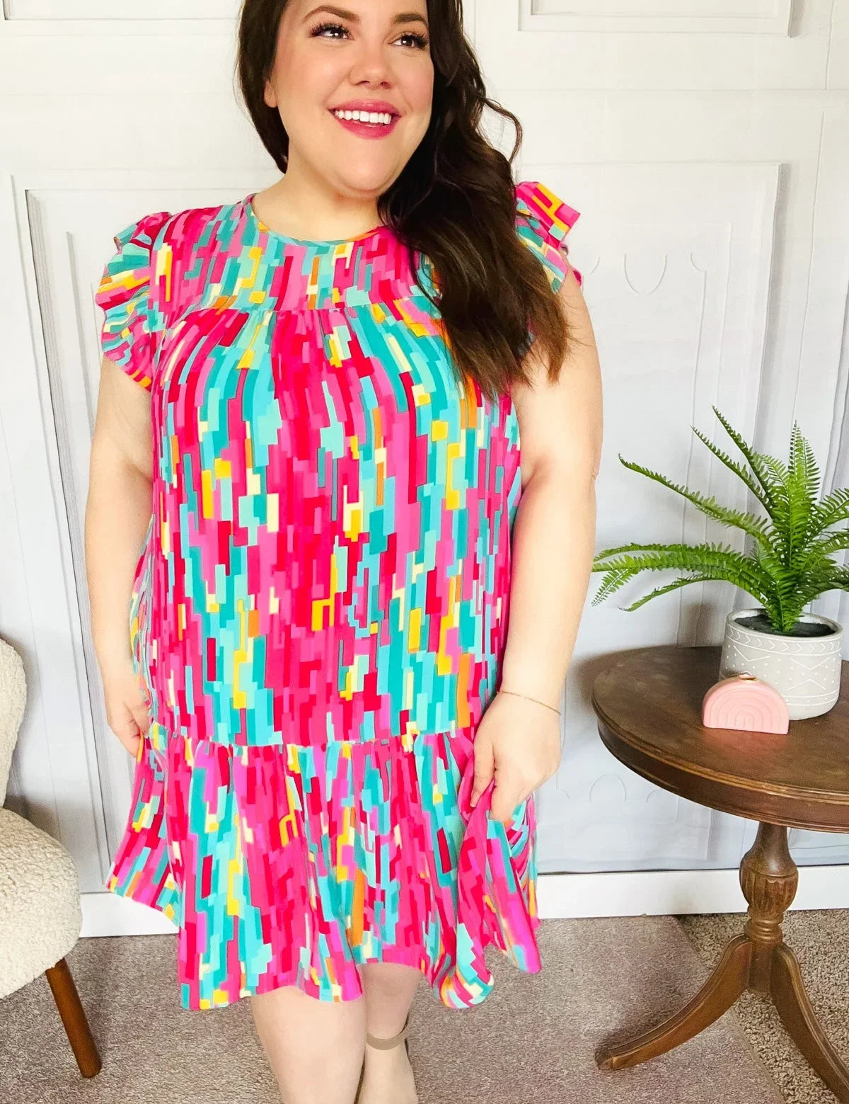 Feeling Bold Multicolor Abstract Print Tiered Ruffle Sleeve Dress | 2024 Summer Blow Out Sale Daverri Fashions