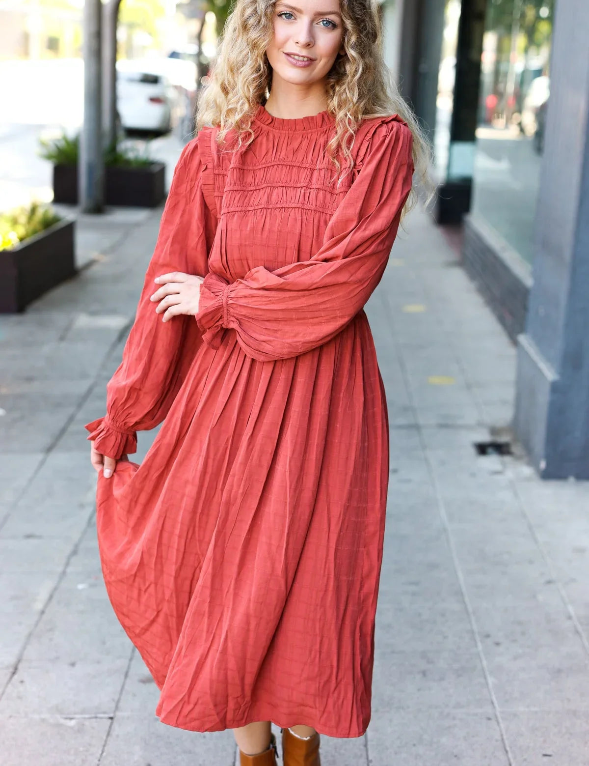 Love Found Rust Mock Neck Embossed Lined Dress | 2024 Blow-Out Sale Daverri Fashions