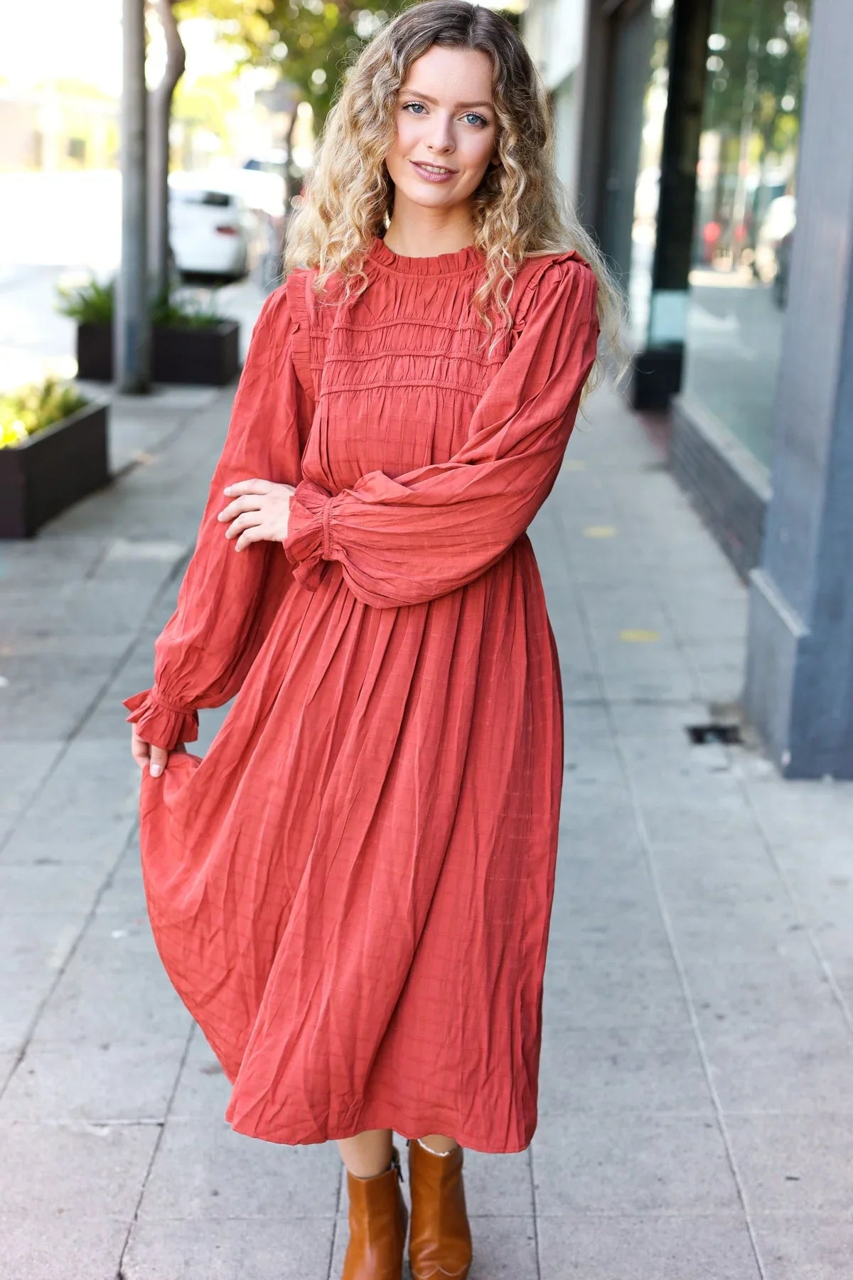 Love Found Rust Mock Neck Embossed Lined Dress | 2024 Blow-Out Sale Daverri Fashions