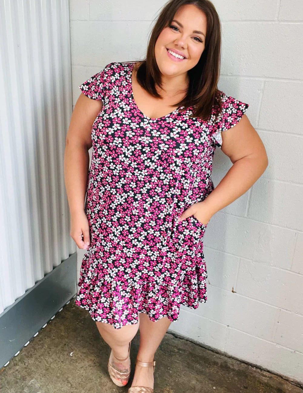 Black Multicolor Floral Babydoll Flutter Sleeve Midi Dress | Daverri Fashions