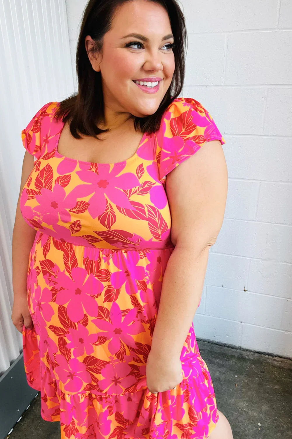 Fuchsia & Orange Tropical Floral Square Neck Dress | Daverri Fashions