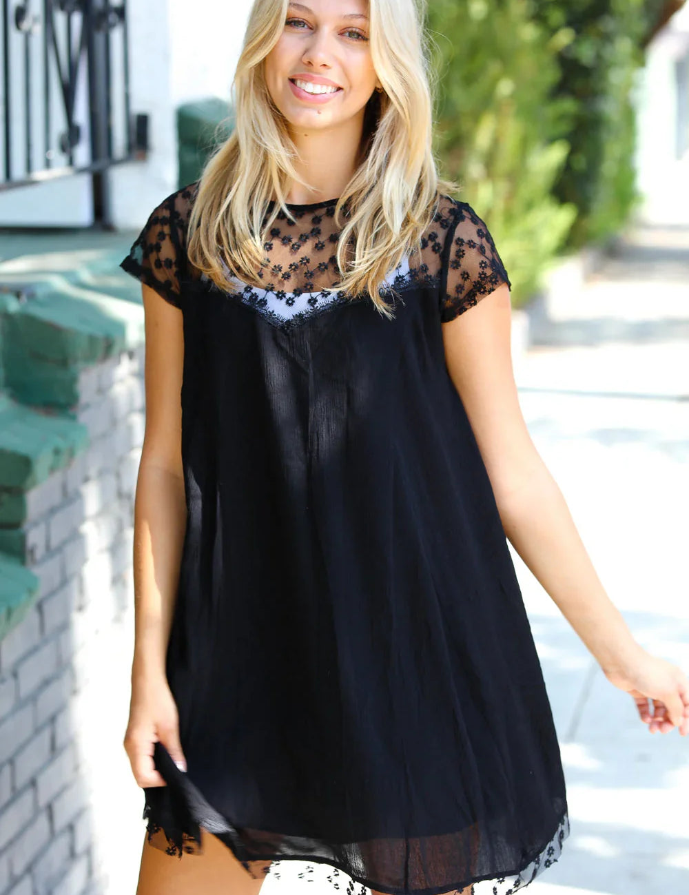 Black Embroidered Lace Yoke Fit & Flare Dress | 07-01-25 Summer Sale Daverri Fashions