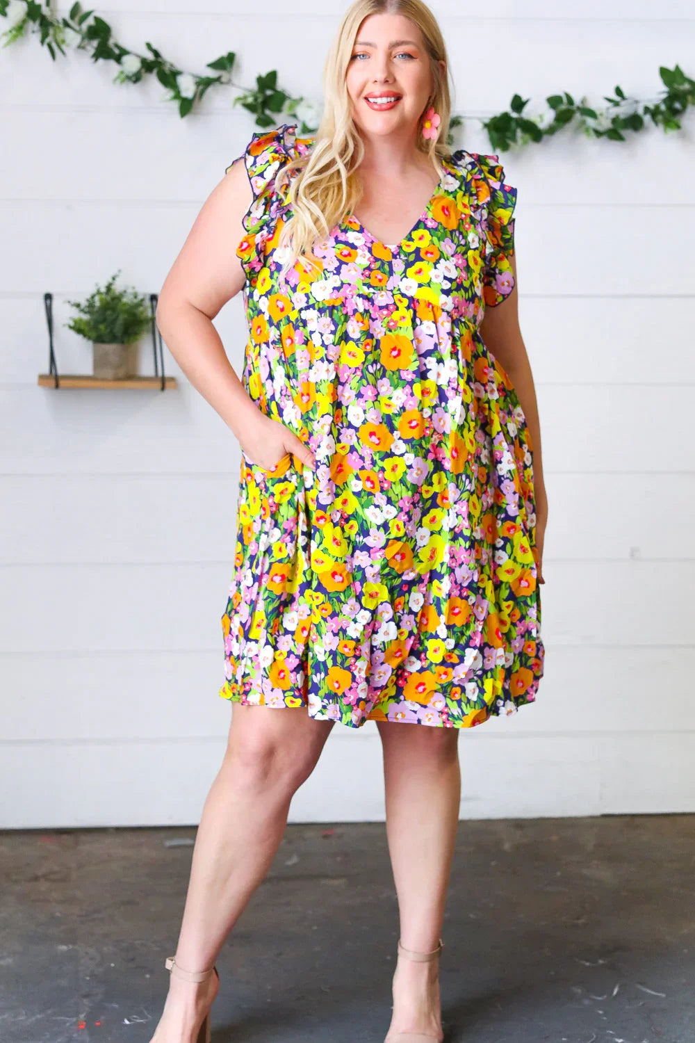 Indigo & Lemon Floral Babydoll Ruffle Dress | Daverri Fashions