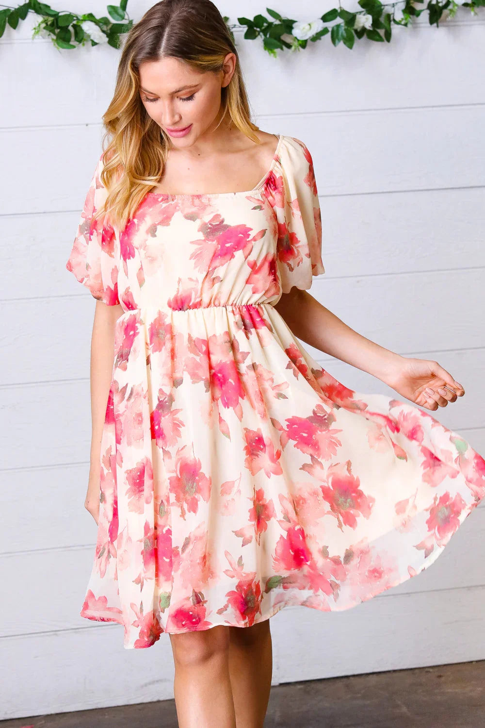Peach Floral Chiffon Puff Sleeve Dress | Daverri Fashions