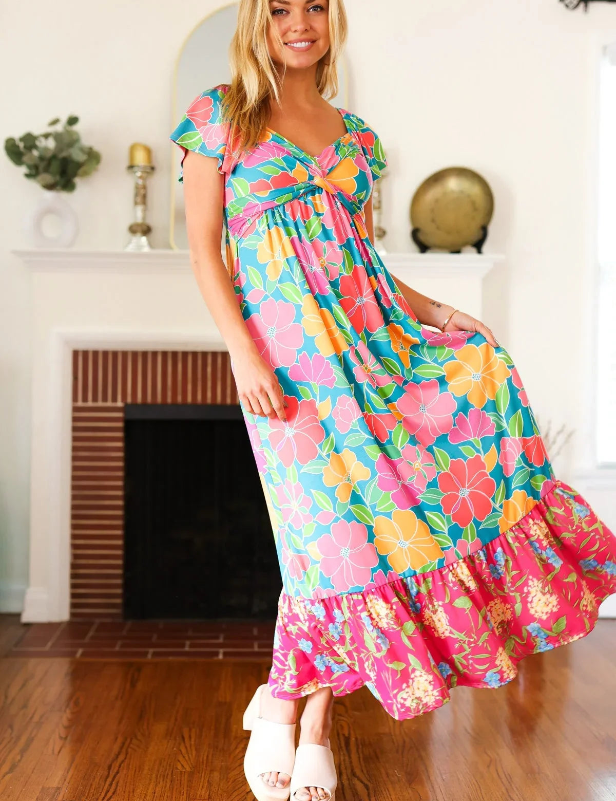 Vacay Vibes Blue Floral Print Sweetheart Twisted Neckline Maxi Dress | Daverri Fashions