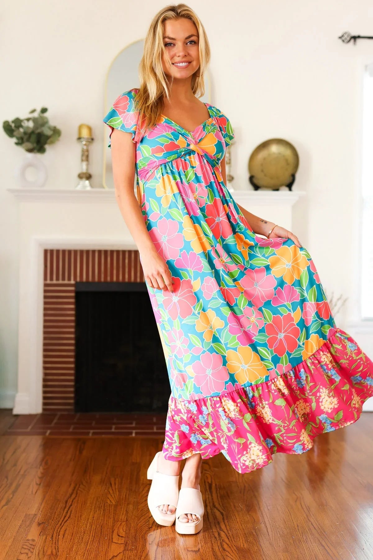 Vacay Vibes Blue Floral Print Sweetheart Twisted Neckline Maxi Dress | Daverri Fashions