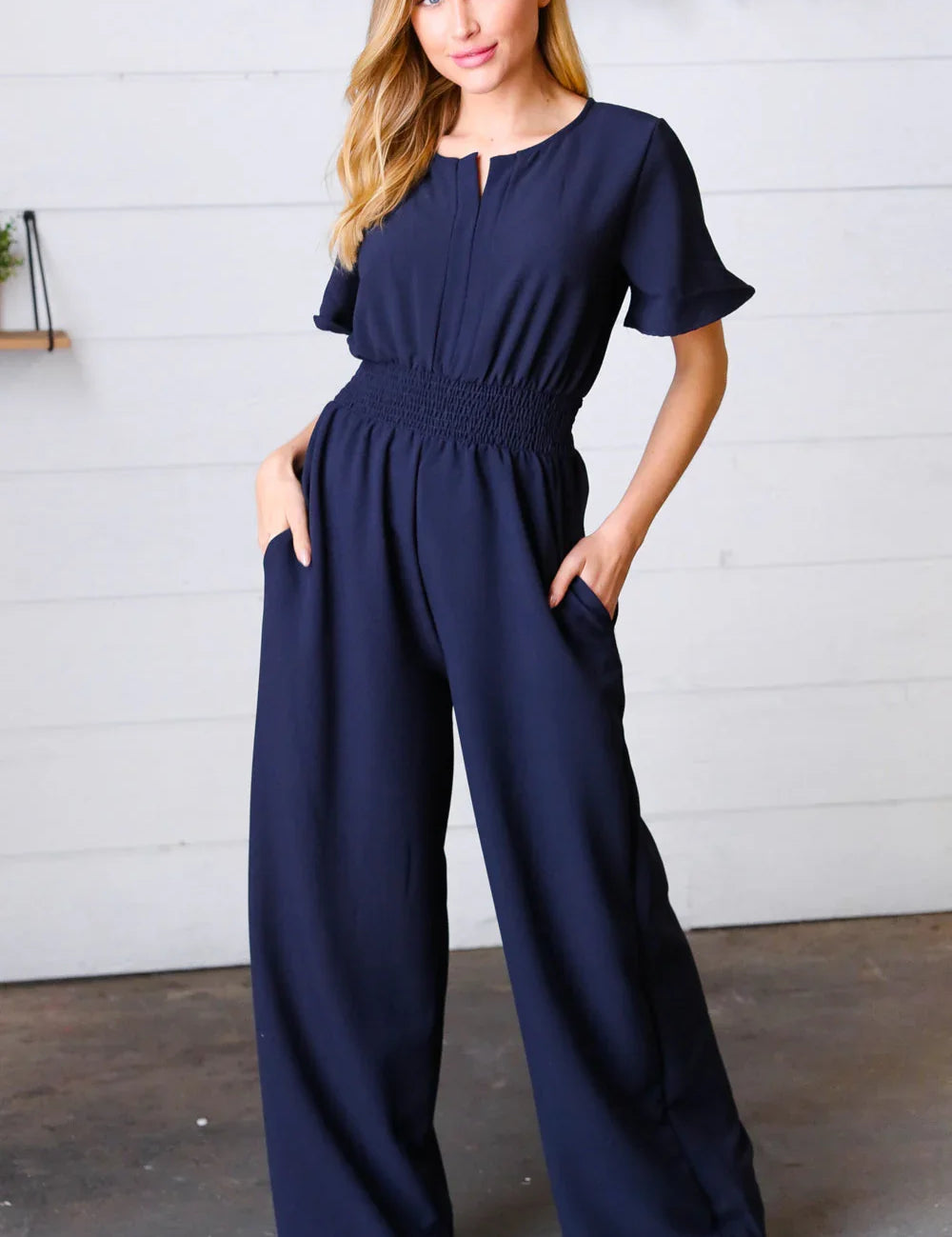 Dark Blue Smocked Waist Notch Neck Crepe Jumpsuit | Daverri Fashions