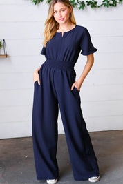 Dark Blue Smocked Waist Notch Neck Crepe Jumpsuit | Daverri Fashions