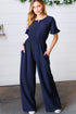 Dark Blue Smocked Waist Notch Neck Crepe Jumpsuit - DAVERRI FASHIONS