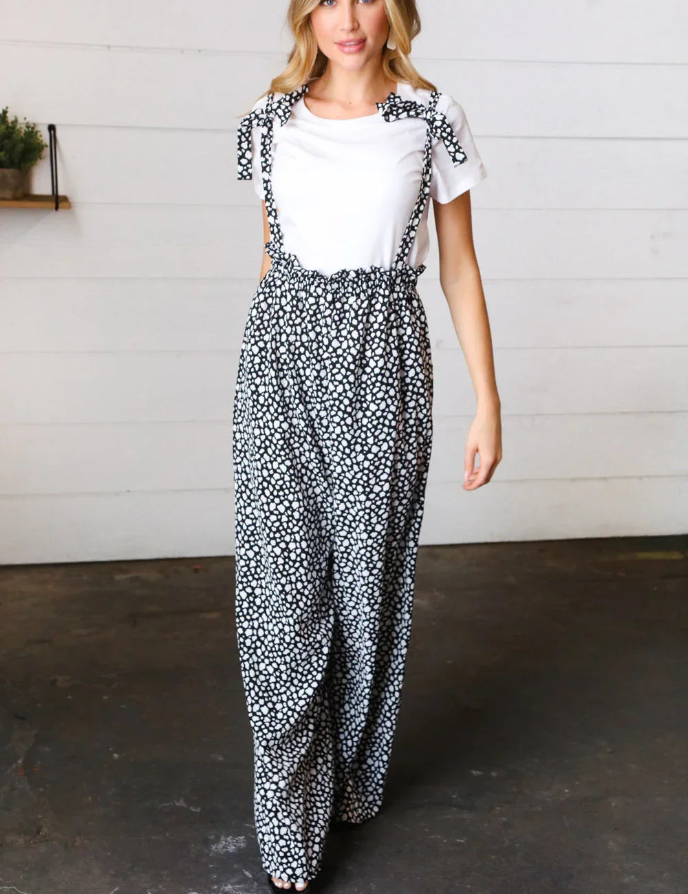 Black & White Animal Print Wide Leg Frilled Jumpsuit | Daverri Fashions