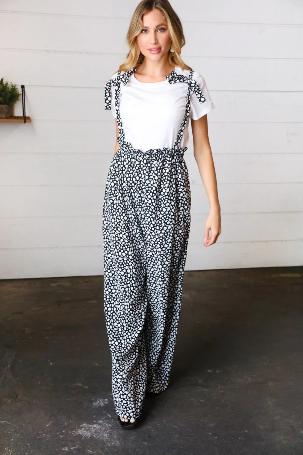 Black & White Animal Print Wide Leg Frilled Jumpsuit | Daverri Fashions