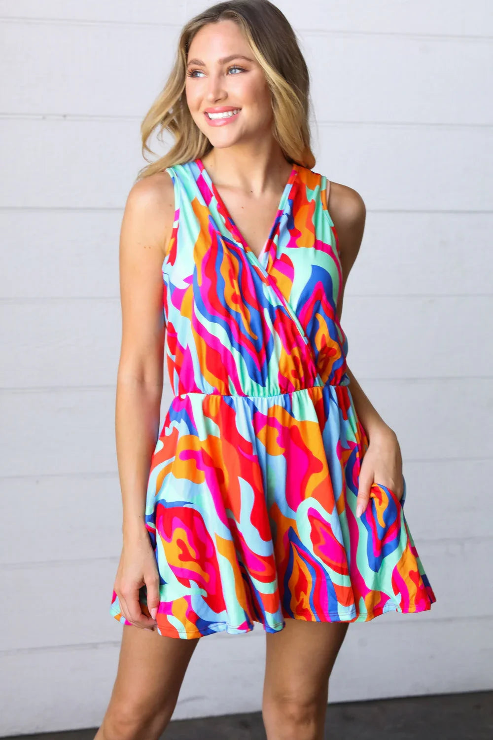 Vibrant Multicolor Abstract Sleeveless Surplice Romper | Daverri Fashions
