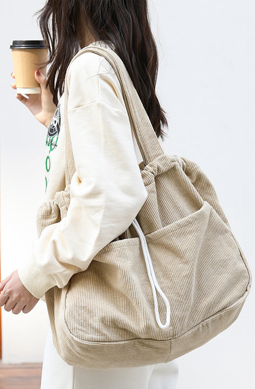 Drawstring Multi-pocket Corduroy Shoulder Bag | Handbags Daverri Fashions