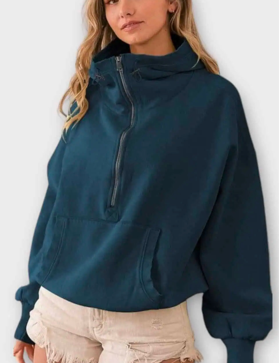 Half Zip Lightweight Hoodie Sweatshirt Blue Tops