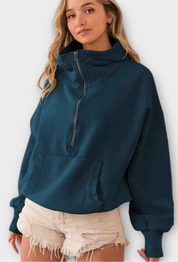 Half Zip Lightweight Hoodie Sweatshirt Blue Tops