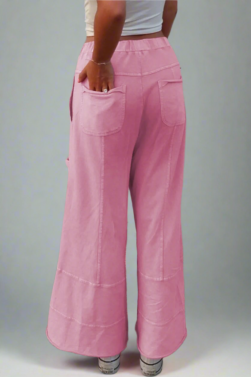 Mineral Wash Exposed Seam Drawstring High Waist Wide Leg Cargo Pants