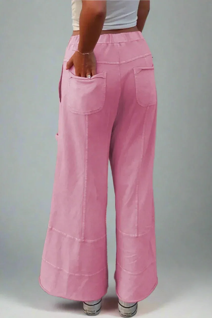 Mineral Wash Exposed Seam Drawstring High Waist Wide Leg Cargo Pants - DAVERRI FASHIONS
