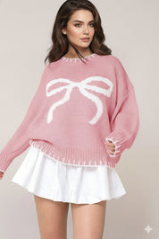 Bow Graphic Round Neck Long Sleeve Sweater | Sweaters Daverri Fashions