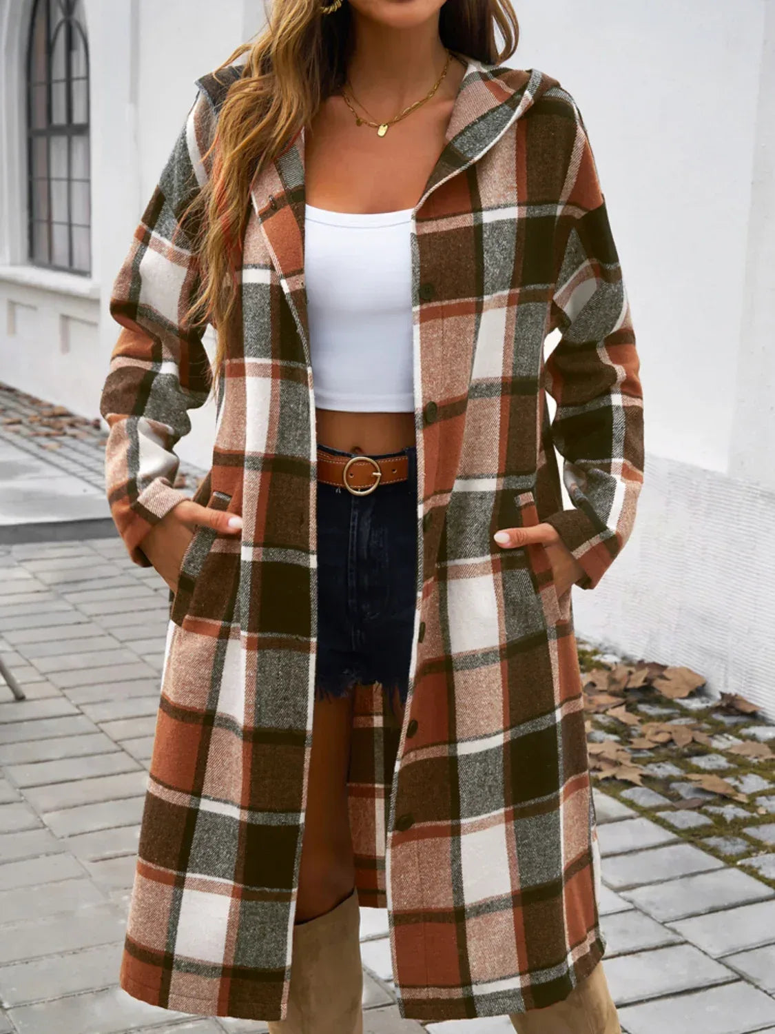 Devine Plaid Long Sleeve Hooded Coat - DAVERRI FASHIONS