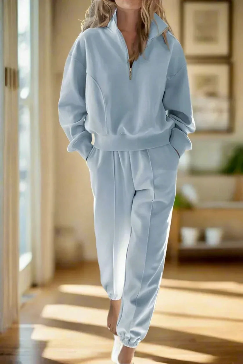 Half Zip Long Sleeve Top and Joggers Set - DAVERRI FASHIONS