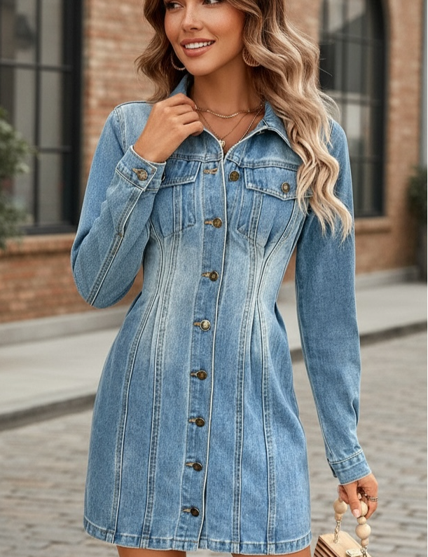 Pocketed Button Up Long Sleeve Denim Dress | Mini Dresses Daverri Fashions