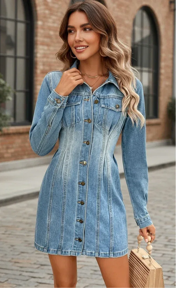 Pocketed Button Up Long Sleeve Denim Dress - DAVERRI FASHIONS
