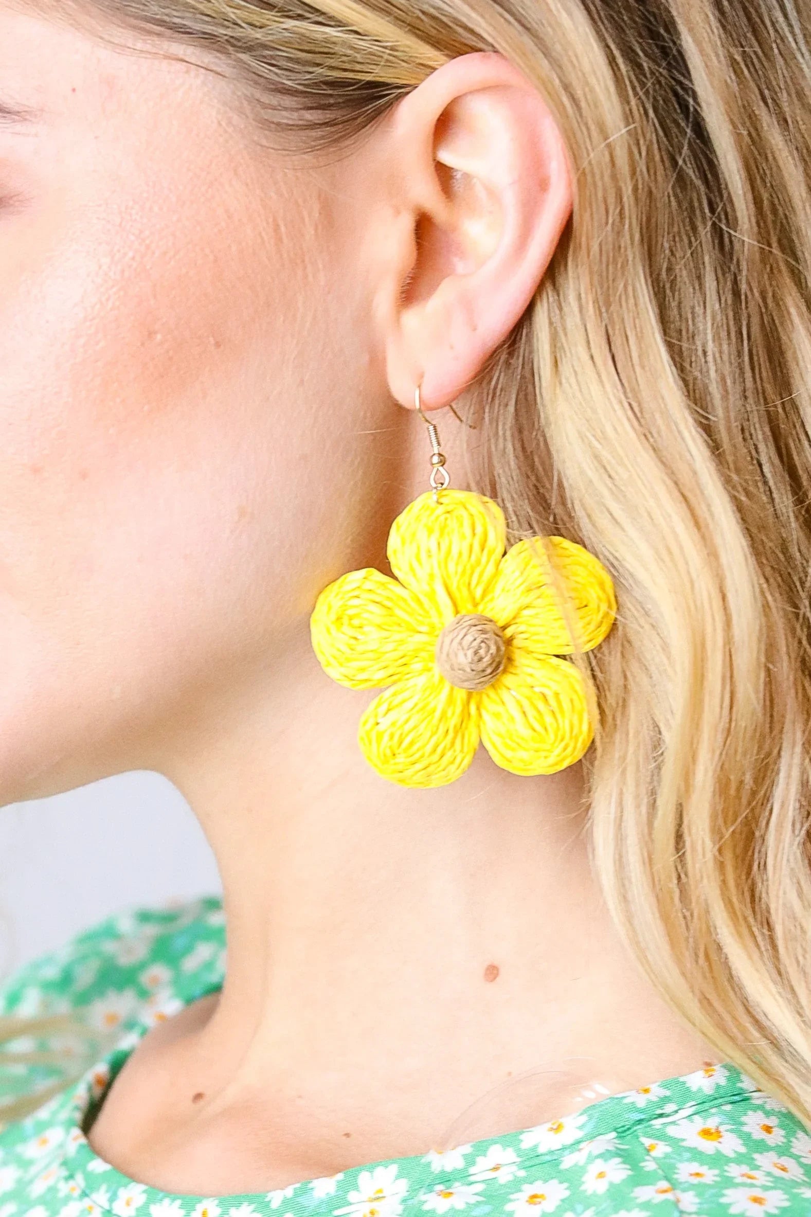 Marie Claire Handwoven Straw Flower Dangle Earrings | Fashion Earrings Daverri Fashions