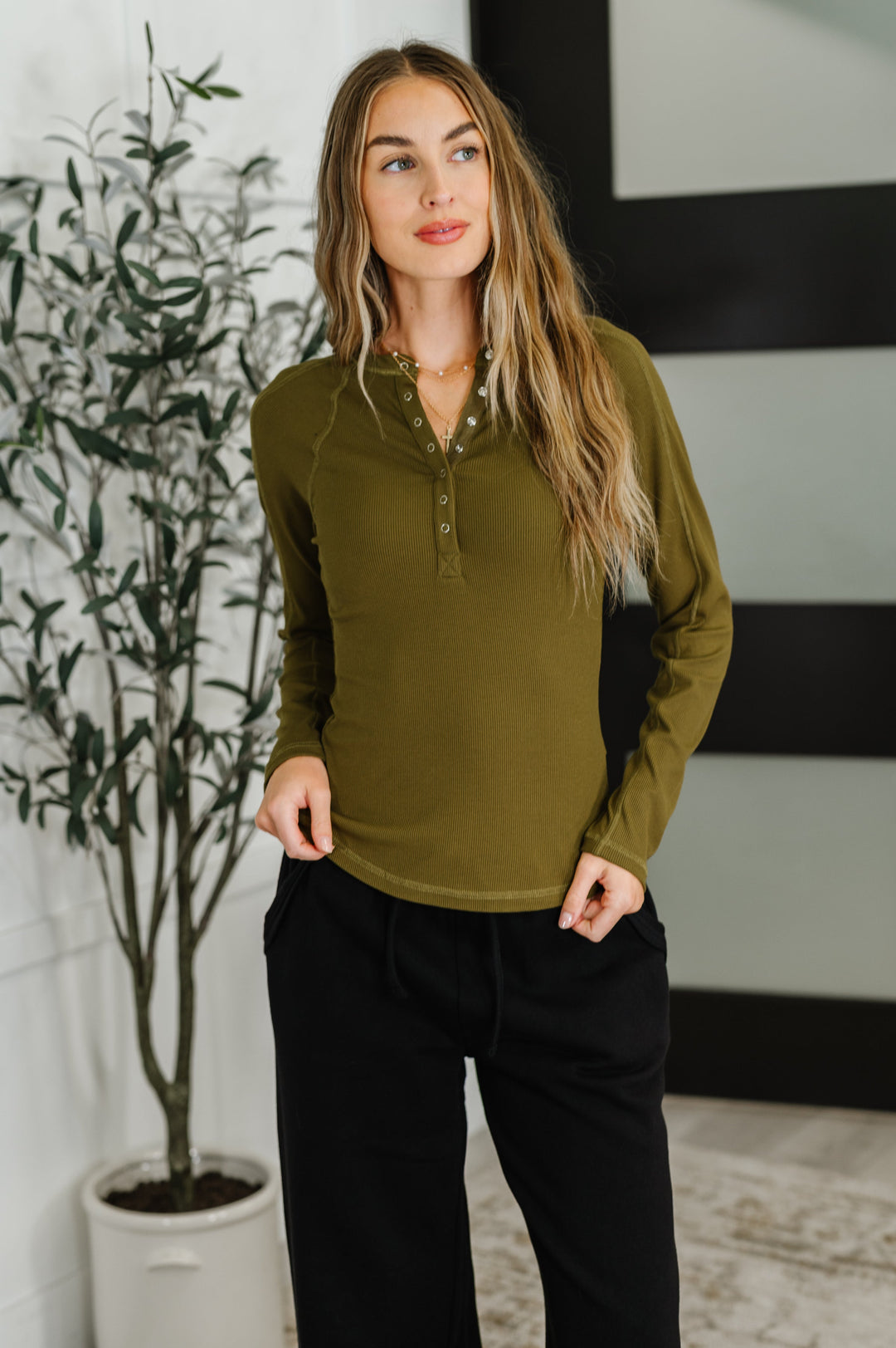 Effortless Edge Knit Henley Top in Camo Green | Womens Daverri Fashions